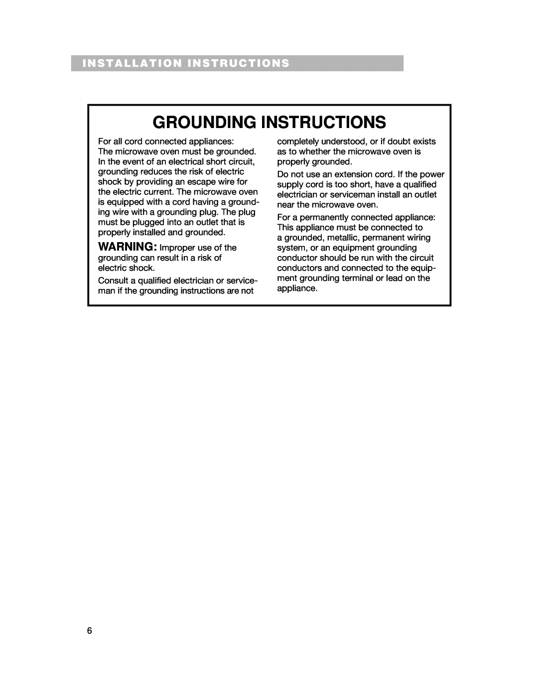 Whirlpool CMT061SG installation instructions Installation Instructions, Grounding Instructions 