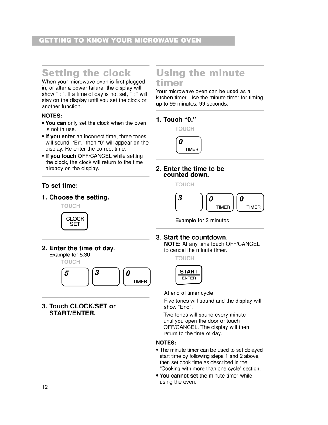 Whirlpool CMT102SG installation instructions Setting the clock, Using the minute timer 