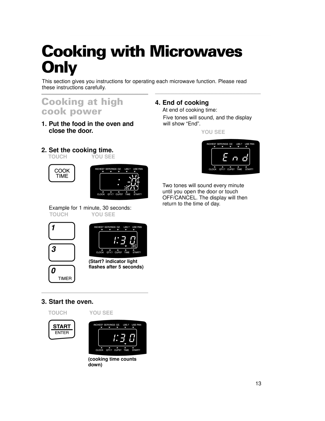 Whirlpool CMT102SG installation instructions Cooking with Microwaves Only, Cooking at high cook power 