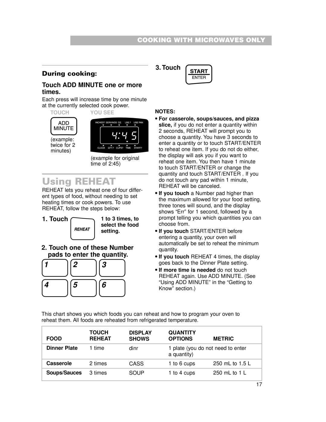 Whirlpool CMT102SG installation instructions Using Reheat, Food Touch Display Quantity Reheat Shows Options Metric 