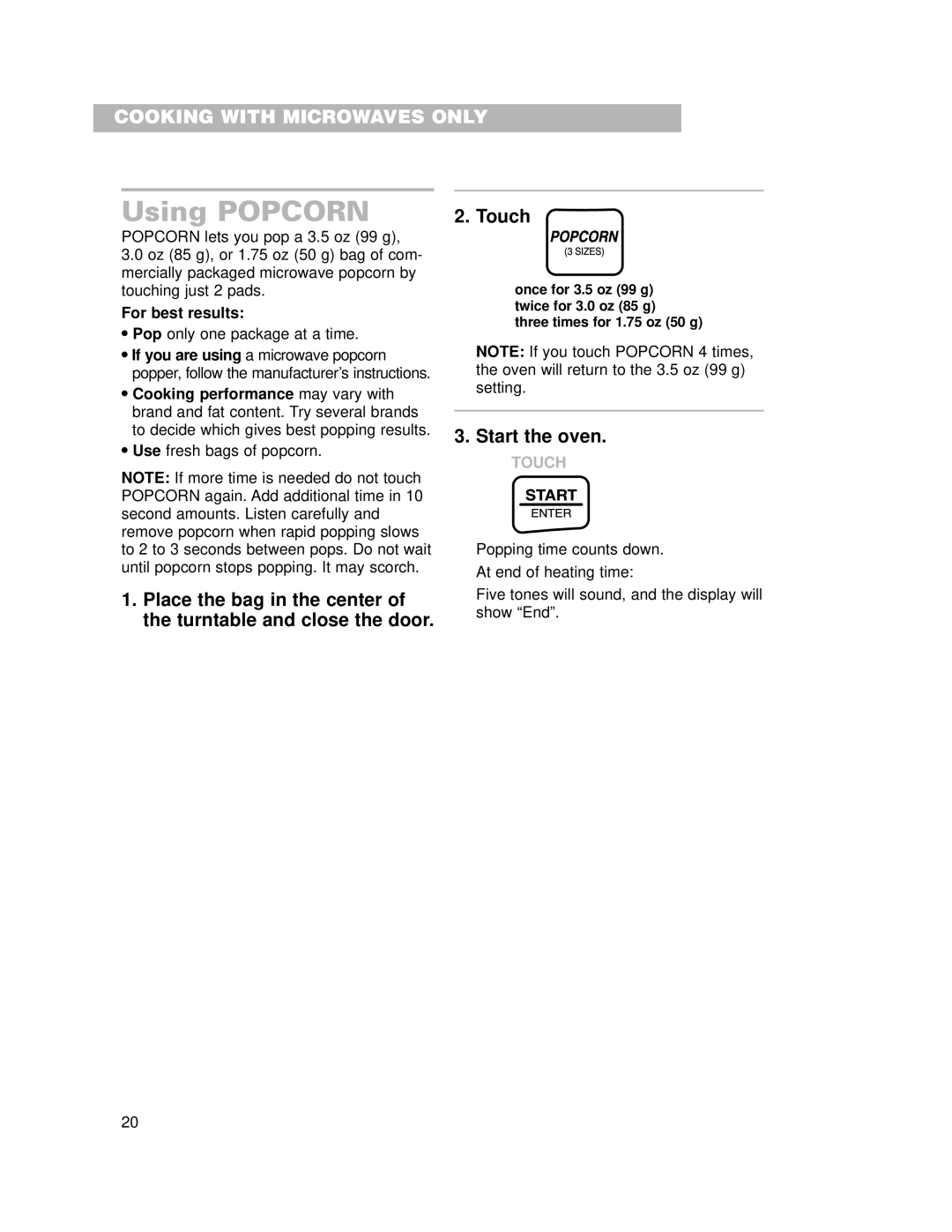 Whirlpool CMT102SG installation instructions Using Popcorn, For best results 