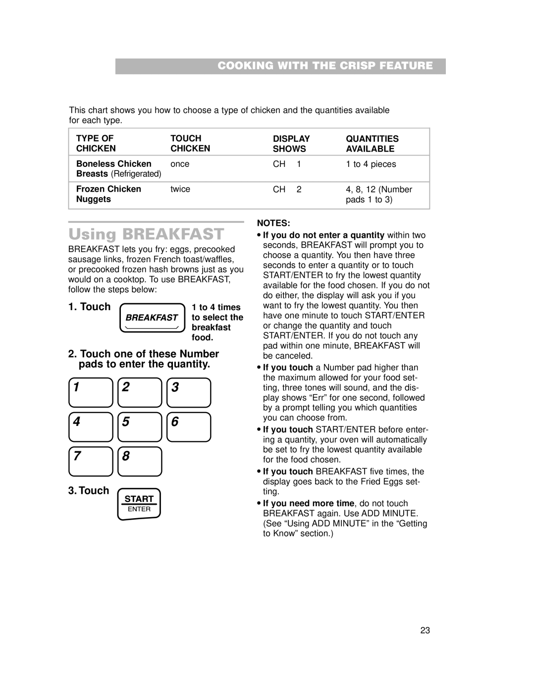 Whirlpool CMT102SG installation instructions Using Breakfast, Type Touch Display Quantities Chicken Shows Available 