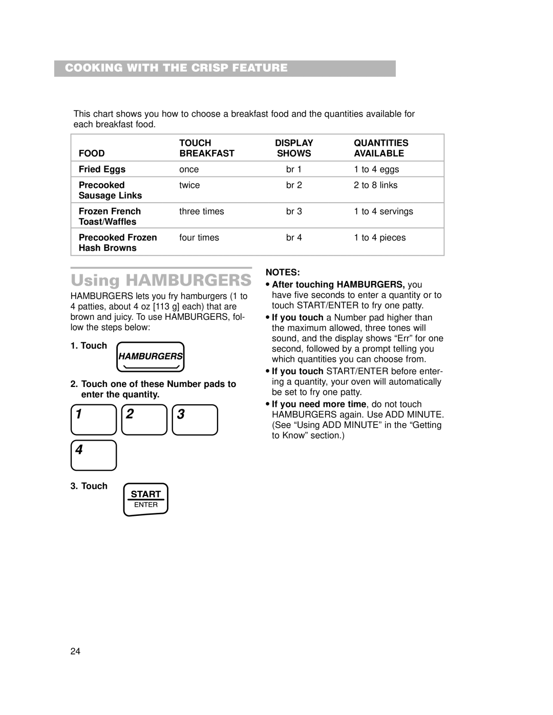 Whirlpool CMT102SG installation instructions Using Hamburgers, Touch Display Quantities Food Breakfast Shows Available 