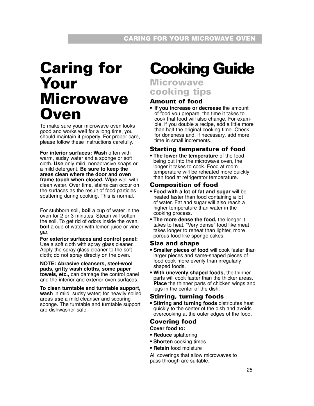 Whirlpool CMT102SG installation instructions Caring for Your Microwave Oven, Cooking Guide, Microwave cooking tips 