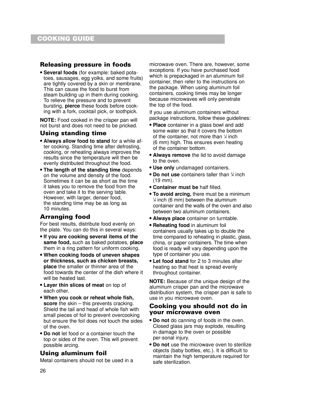 Whirlpool CMT102SG Releasing pressure in foods, Using standing time, Arranging food, Using aluminum foil 