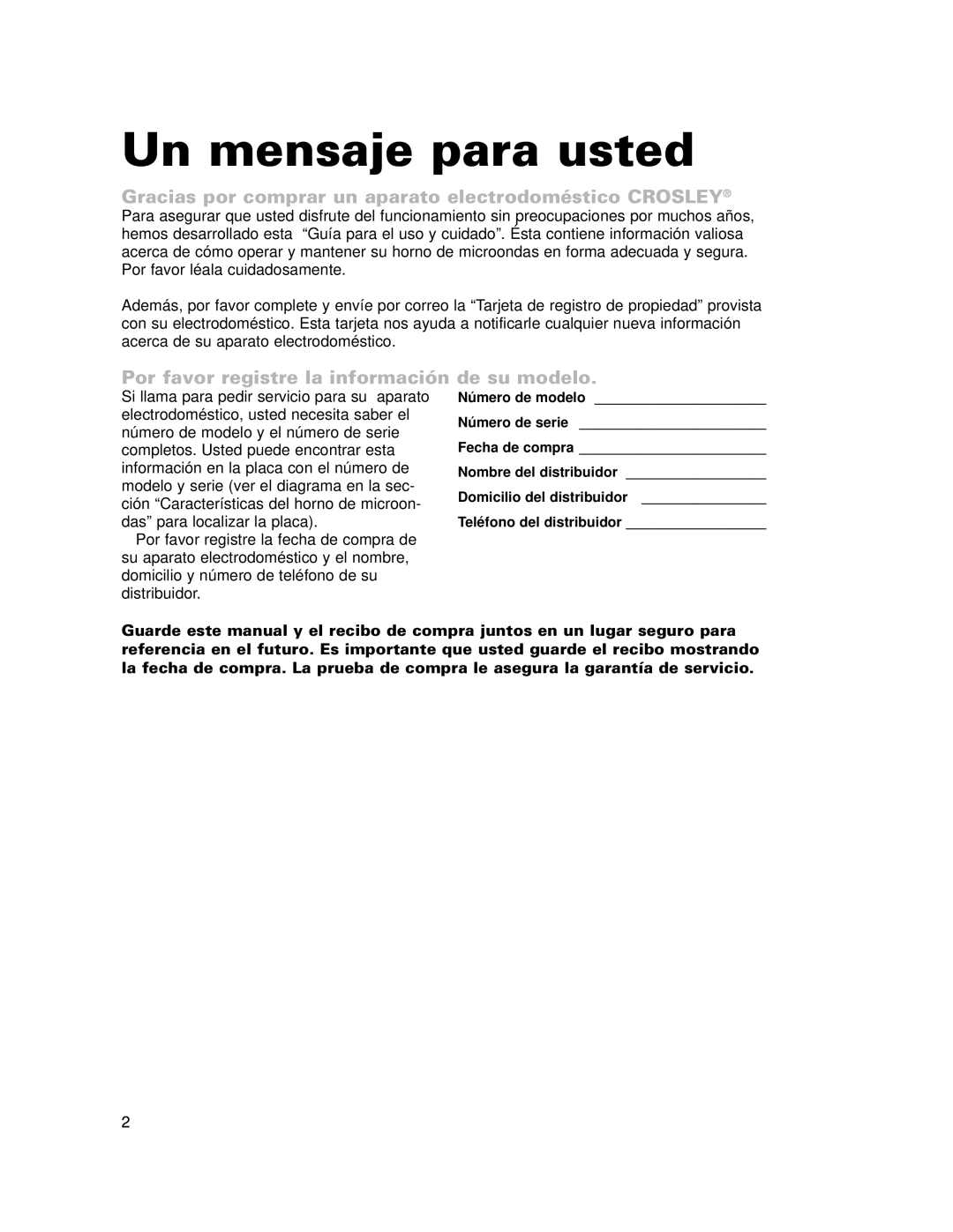 Whirlpool CMT102SG installation instructions Un mensaje para usted, Gracias por comprar un aparato electrodoméstico Crosley 