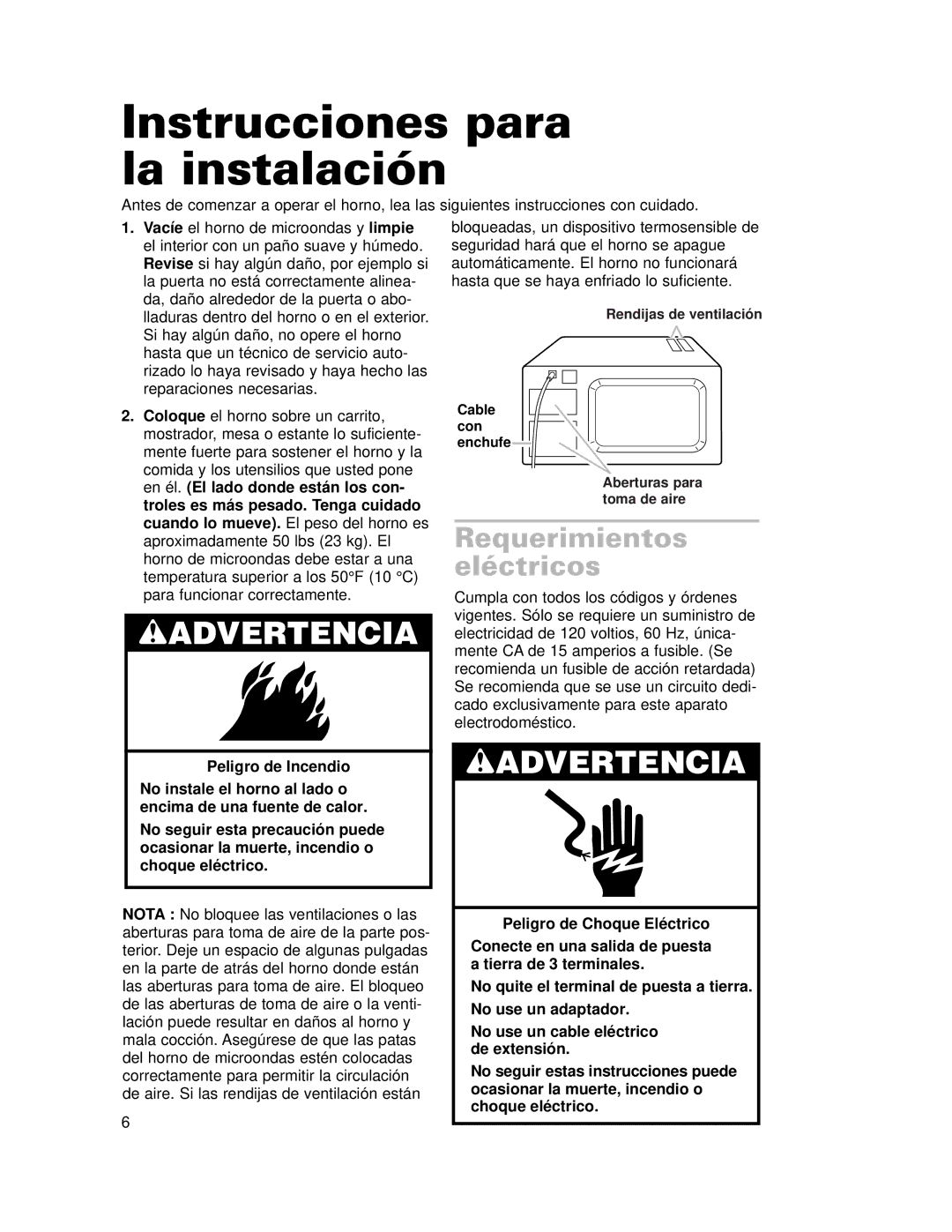 Whirlpool CMT102SG installation instructions Instrucciones para la instalación, Requerimientos eléctricos 