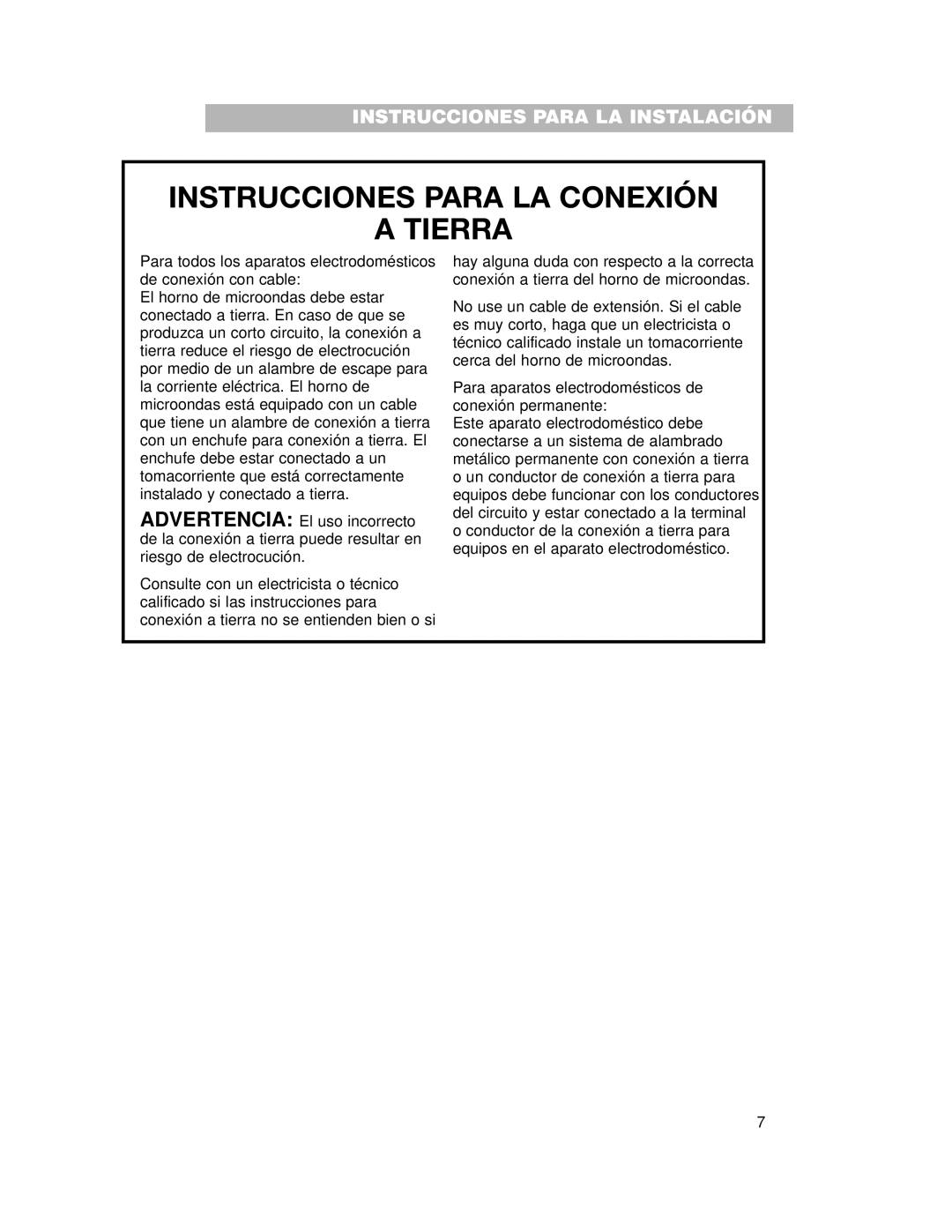 Whirlpool CMT102SG installation instructions Instrucciones Para LA Conexión Tierra 