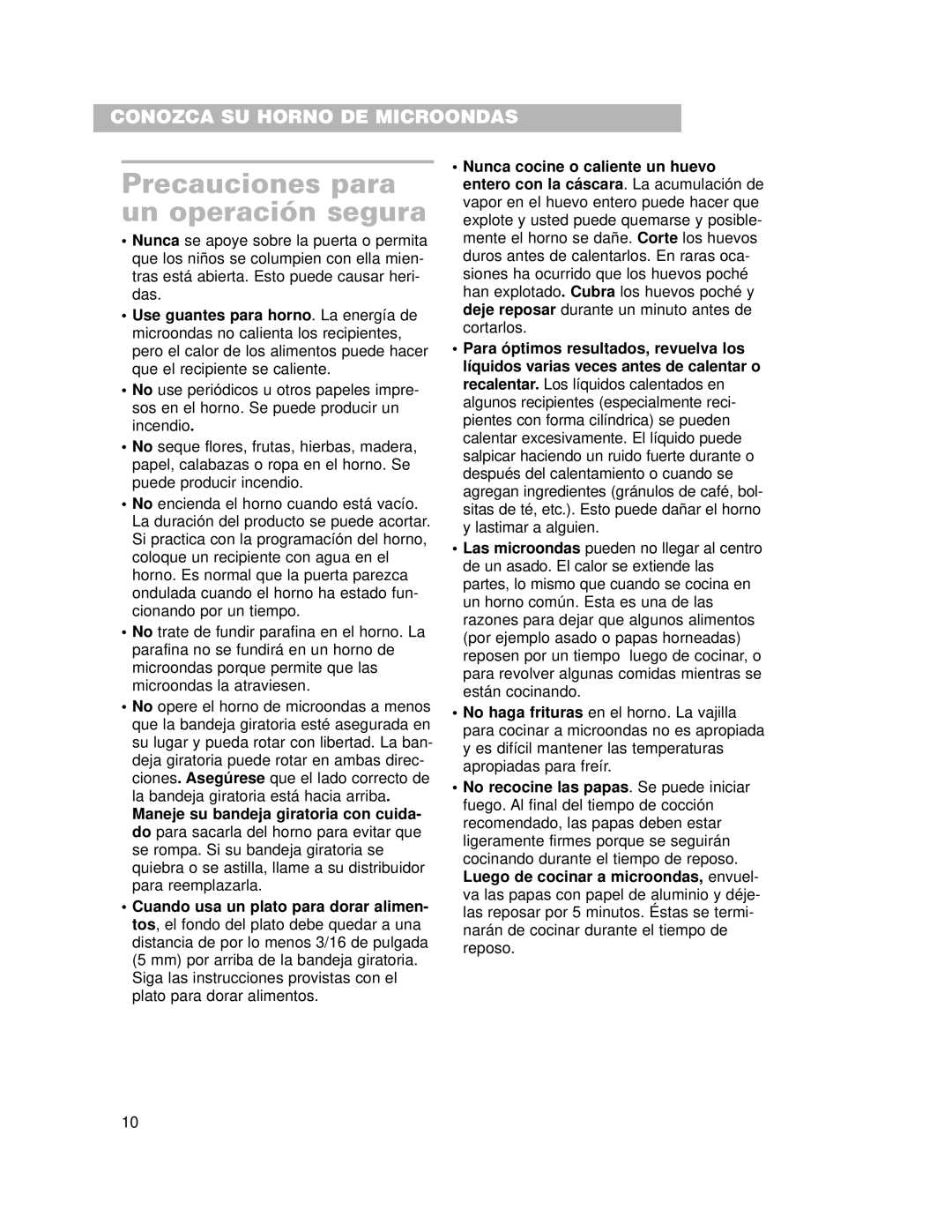 Whirlpool CMT102SG installation instructions Precauciones para un operación segura 