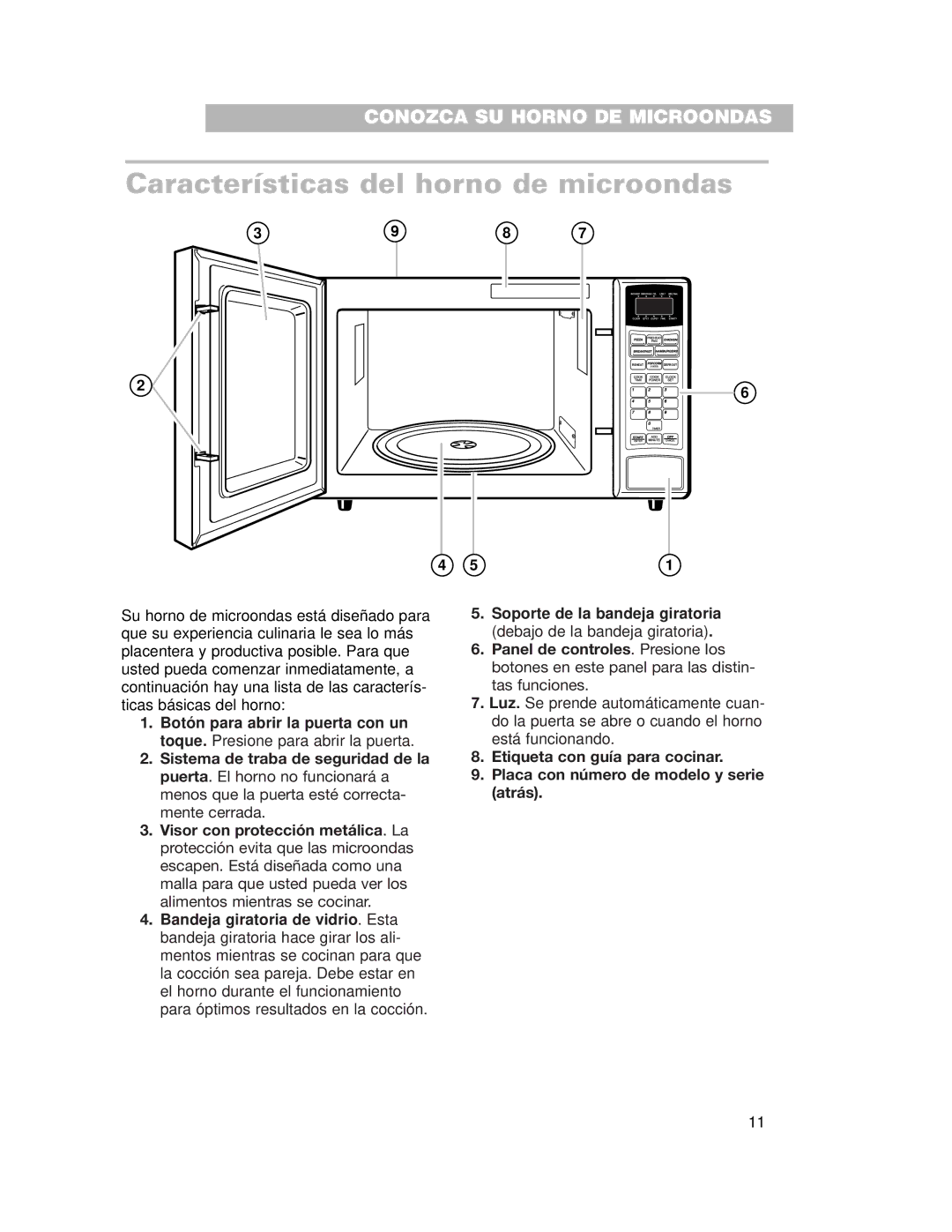 Whirlpool CMT102SG installation instructions Características del horno de microondas 