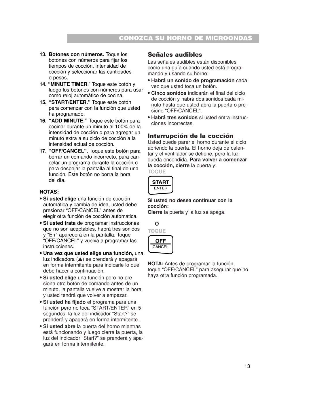 Whirlpool CMT102SG Señales audibles, Interrupción de la cocción, Notas, Si usted no desea continuar con la cocción 