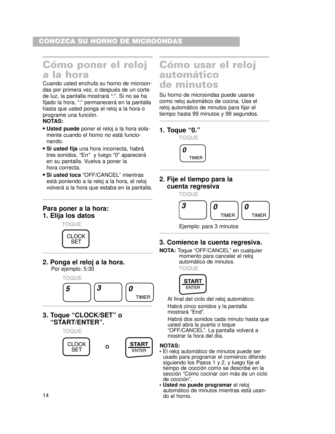 Whirlpool CMT102SG installation instructions Cómo poner el reloj a la hora, Cómo usar el reloj automático De minutos 