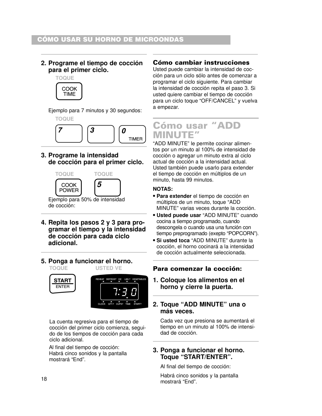 Whirlpool CMT102SG installation instructions Cómo usar ADD, Minute 