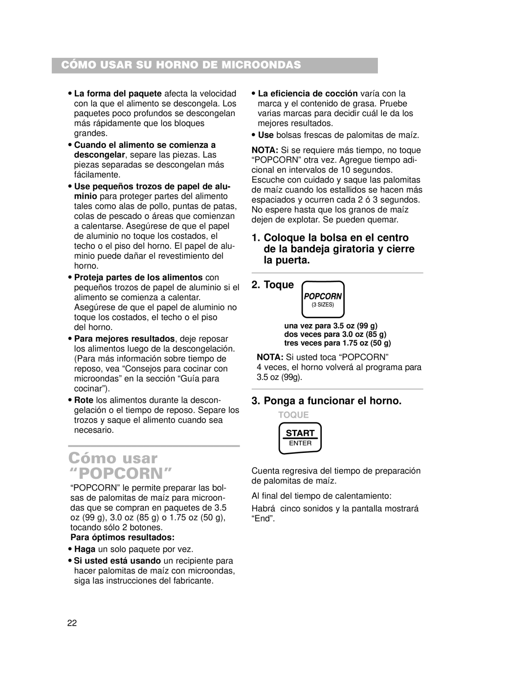 Whirlpool CMT102SG installation instructions Cómo usar Popcorn, Para óptimos resultados 