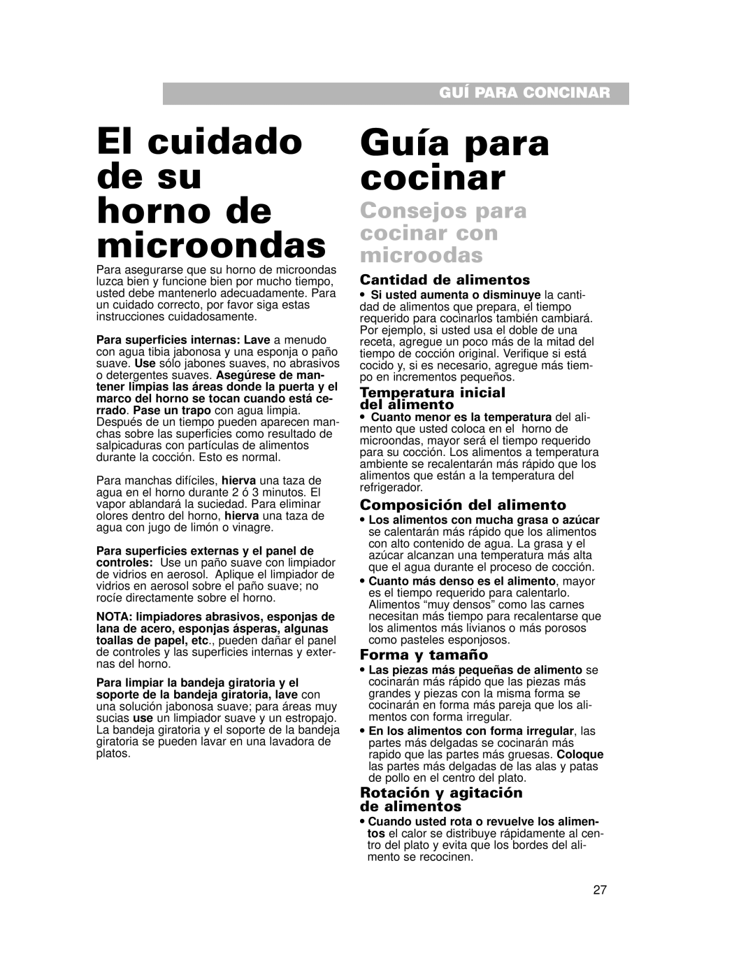 Whirlpool CMT102SG El cuidado de su horno de microondas, Guía para cocinar, Consejos para cocinar con microodas 