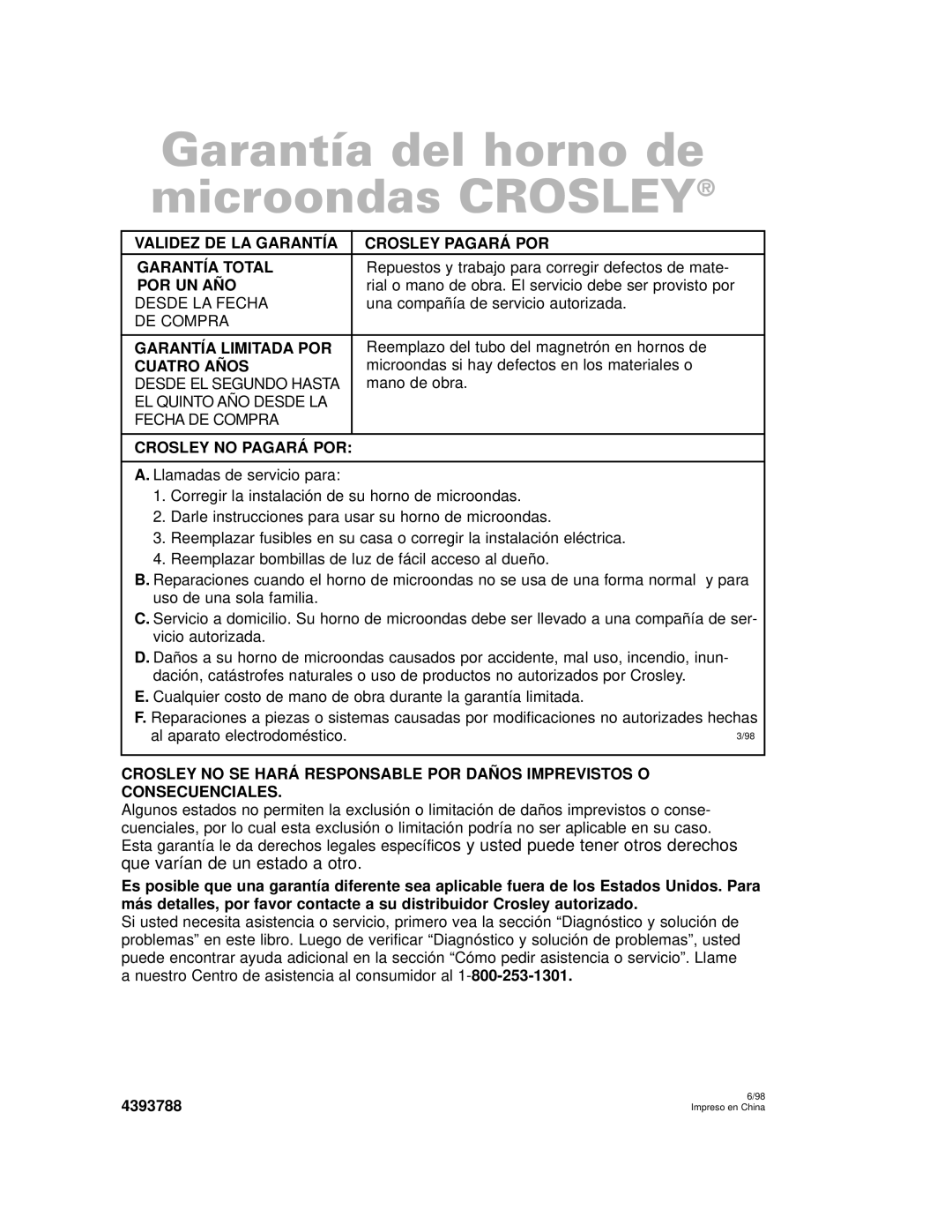 Whirlpool CMT102SG Validez DE LA Garantía Crosley Pagará POR Garantía Total, Por Un Año, Garantía Limitada POR 