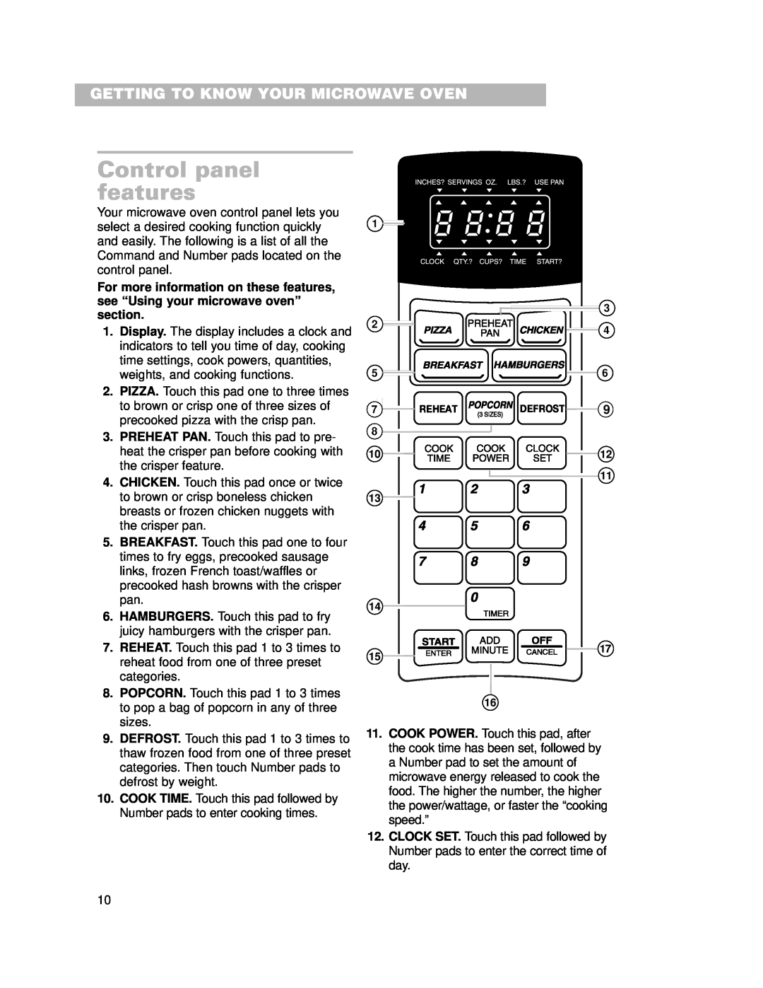 Whirlpool CMT102SG installation instructions Control panel features, Getting To Know Your Microwave Oven, Reheat, Defrost 