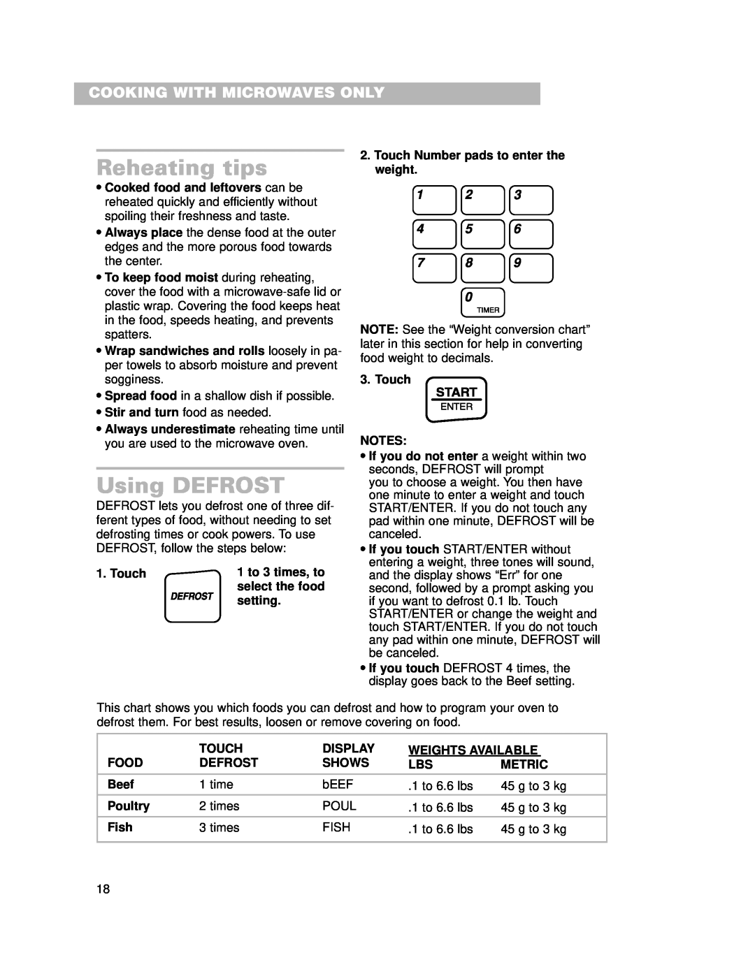 Whirlpool CMT102SG installation instructions Reheating tips, Using DEFROST, Cooking With Microwaves Only 