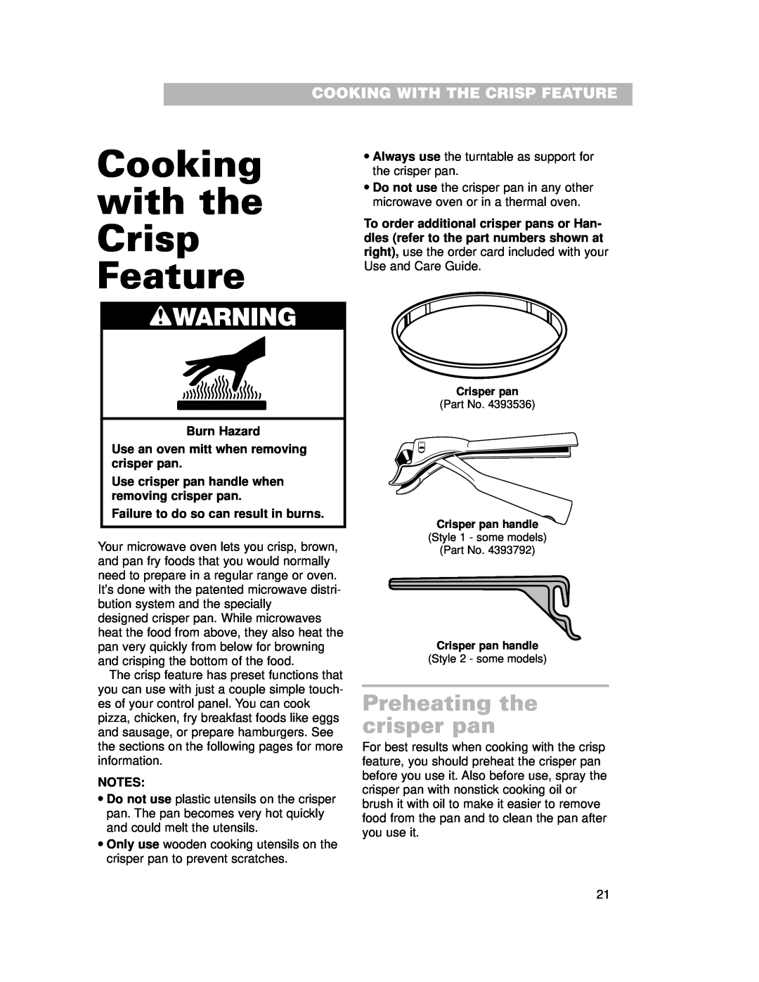 Whirlpool CMT102SG Cooking with the Crisp Feature, Preheating the crisper pan, Cooking With The Crisp Feature, wWARNING 