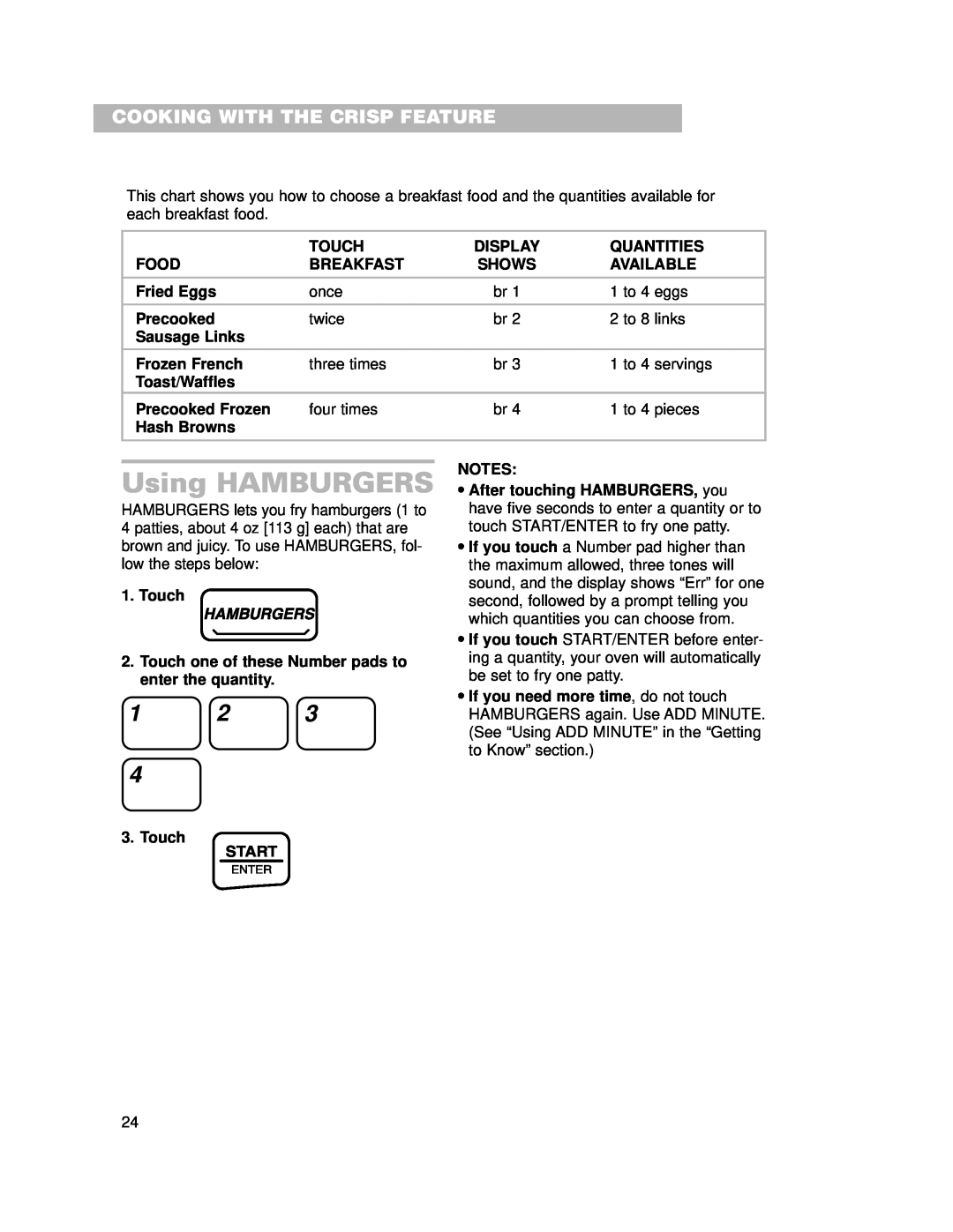 Whirlpool CMT102SG installation instructions Using HAMBURGERS, Cooking With The Crisp Feature 