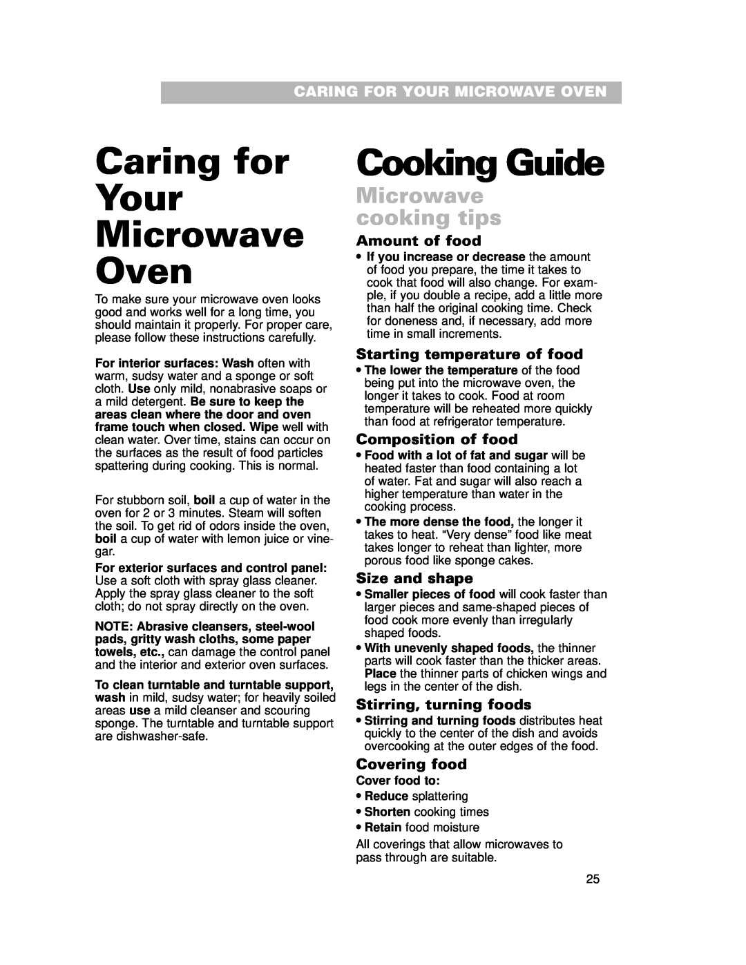 Whirlpool CMT102SG Caring for Your Microwave Oven, Cooking Guide, Microwave cooking tips, Caring For Your Microwave Oven 