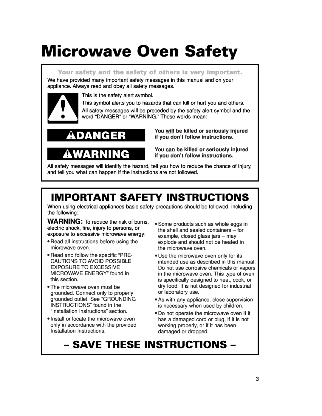 Whirlpool CMT102SG Microwave Oven Safety, wDANGER wWARNING, Important Safety Instructions, Save These Instructions 