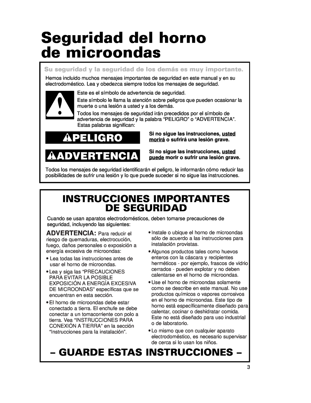 Whirlpool CMT102SG Seguridad del horno de microondas, Peligro Advertencia, Instrucciones Importantes De Seguridad 