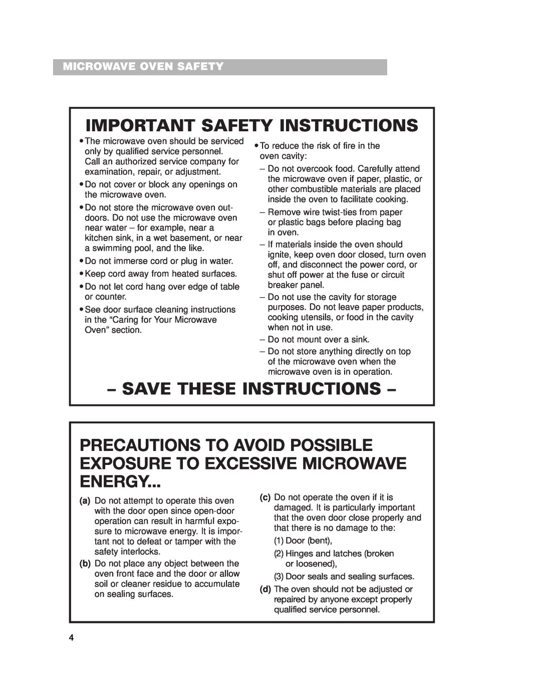 Whirlpool CMT102SG Precautions To Avoid Possible Exposure To Excessive Microwave Energy, Microwave Oven Safety 