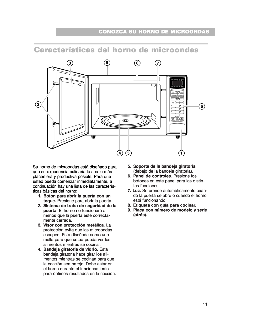 Whirlpool CMT102SG Características del horno de microondas, Etiqueta con guía para cocinar, Conozca Su Horno De Microondas 