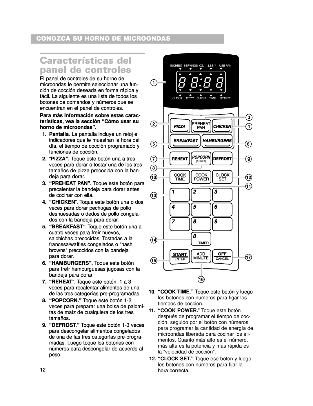 Whirlpool CMT102SG installation instructions Características del panel de controles, Conozca Su Horno De Microondas 
