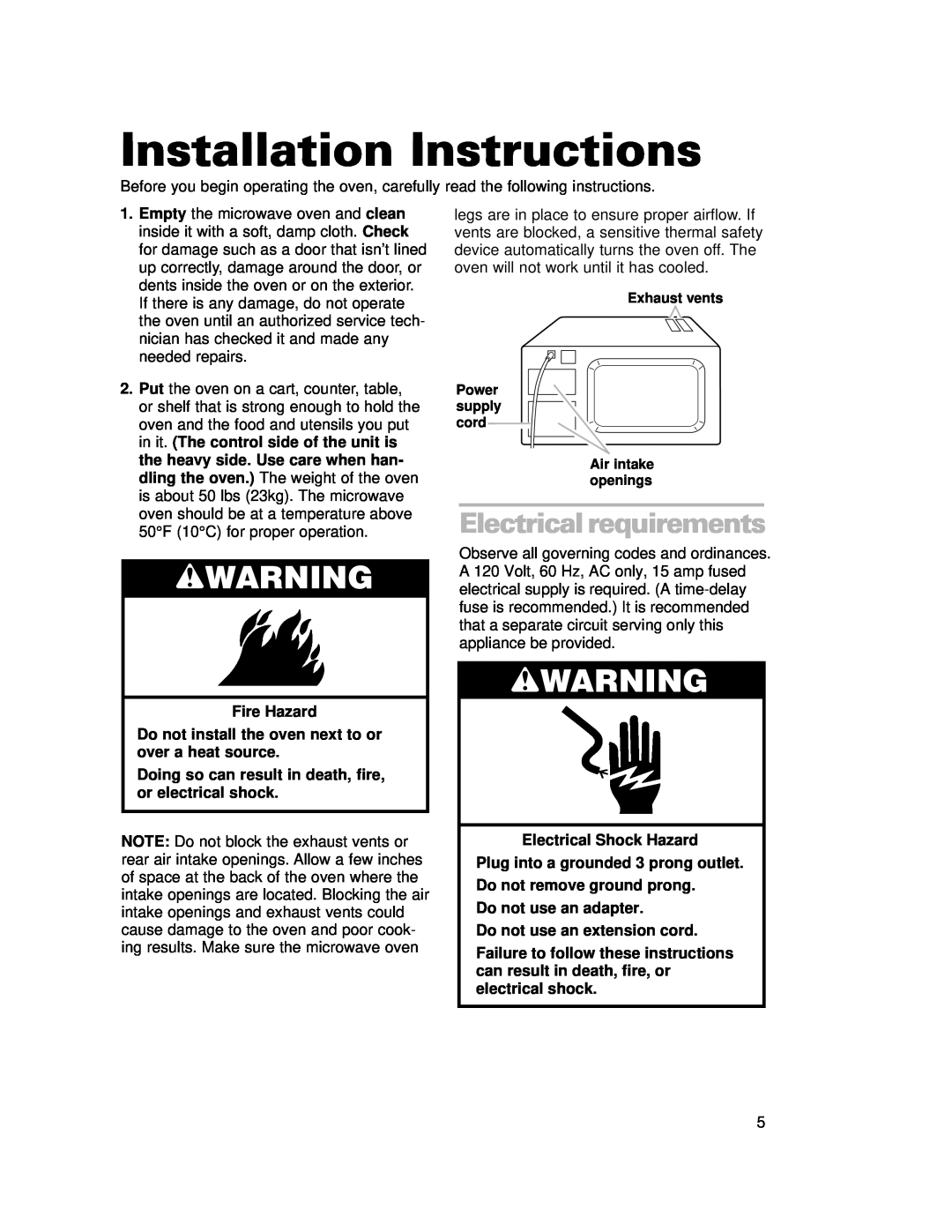 Whirlpool CMT102SG installation instructions Installation Instructions, wWARNING, Electrical requirements 