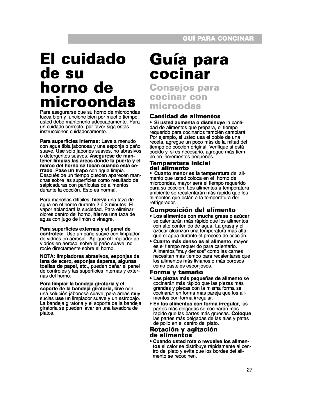 Whirlpool CMT102SG El cuidado de su horno de microondas, Guía para cocinar, Consejos para cocinar con microodas 