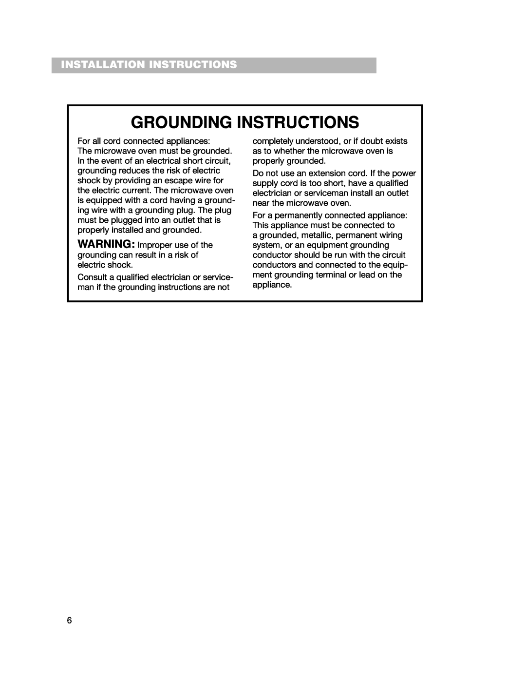 Whirlpool CMT102SG installation instructions Installation Instructions, Grounding Instructions 