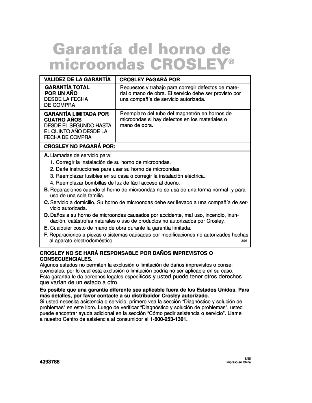 Whirlpool CMT102SG installation instructions Garantía del horno de microondas CROSLEY 