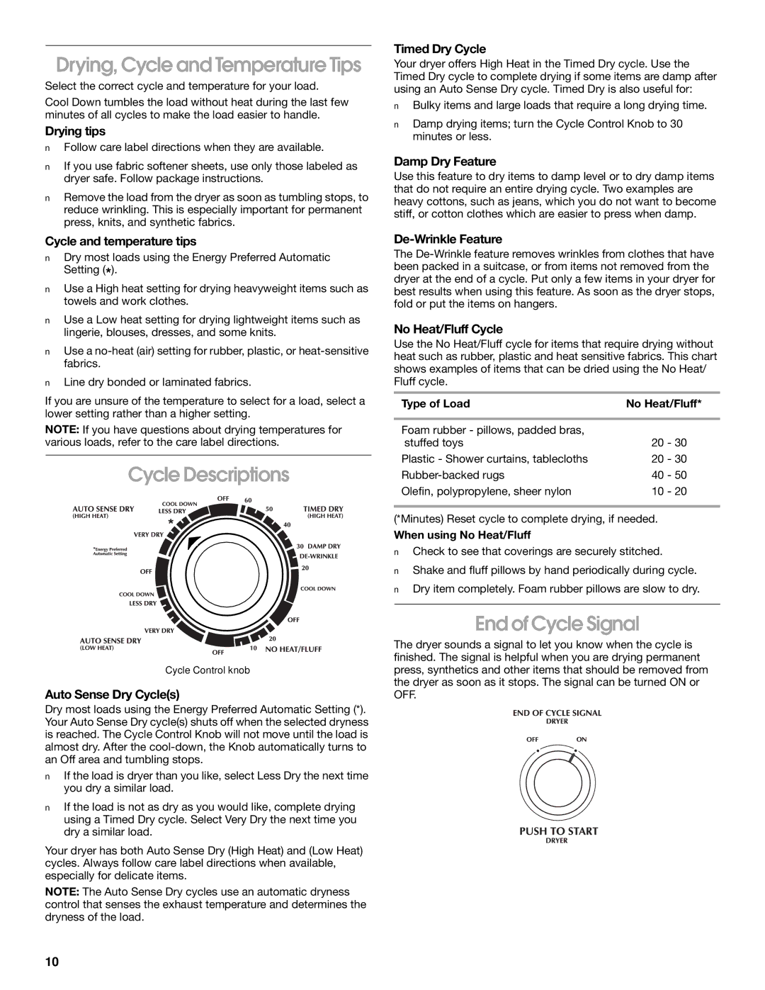 Whirlpool Combination WASHER / DRYER manual Drying, Cycle and Temperature Tips, Cycle Descriptions, End of Cycle Signal 