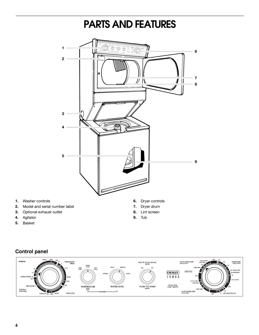 Whirlpool Combination WASHER / DRYER manual Parts and Features, Washer controls 