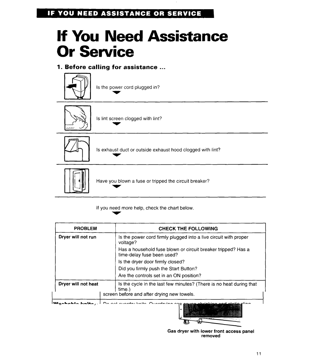 Whirlpool COMPACT DRYERS If You Need Assistance Or Service, Before calling for assistance, Problem Check the Following 