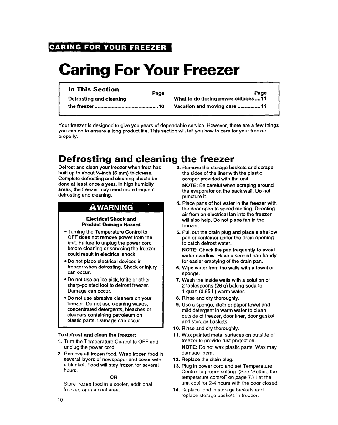 Whirlpool COMPACT FREEZER warranty Caring For Your Freezer, Defrosting and cleaning 