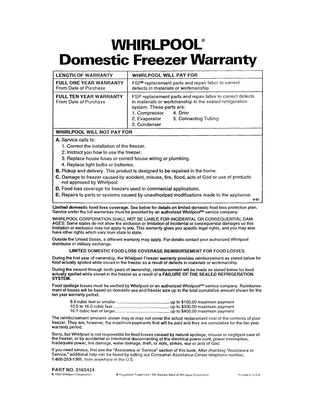 Whirlpool COMPACT FREEZER warranty Hirlpool, Domestic Freezer Warranty 