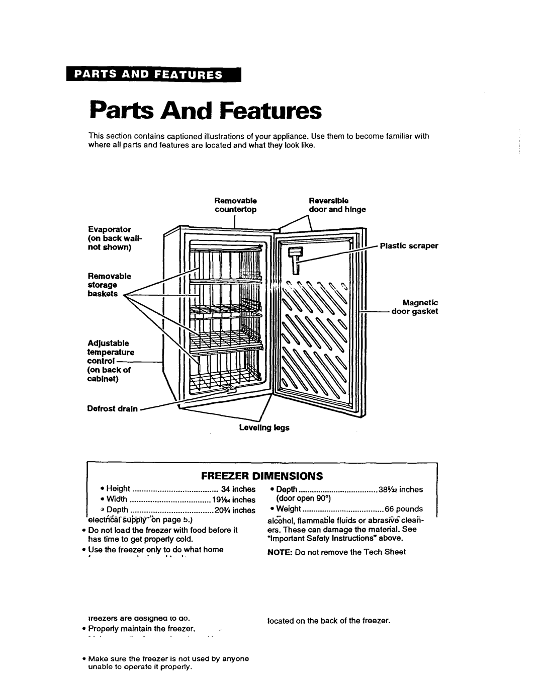 Whirlpool COMPACT FREEZER warranty Parts And Features, Freezer Dimensions 