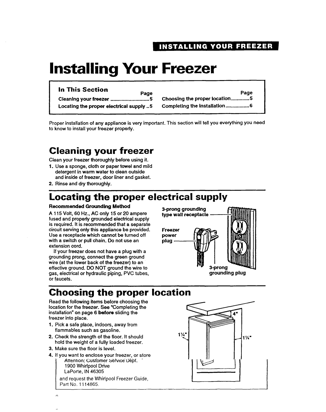 Whirlpool COMPACT FREEZER warranty Installing Your Freezer, Cleaning your freezer, Locating the proper electrical supply 