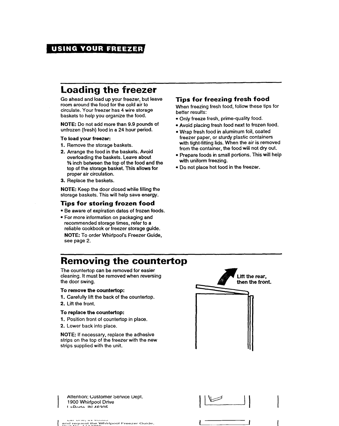 Whirlpool COMPACT FREEZER warranty Loading the freezer, Removing the countertop, Tips for storing frozen food 