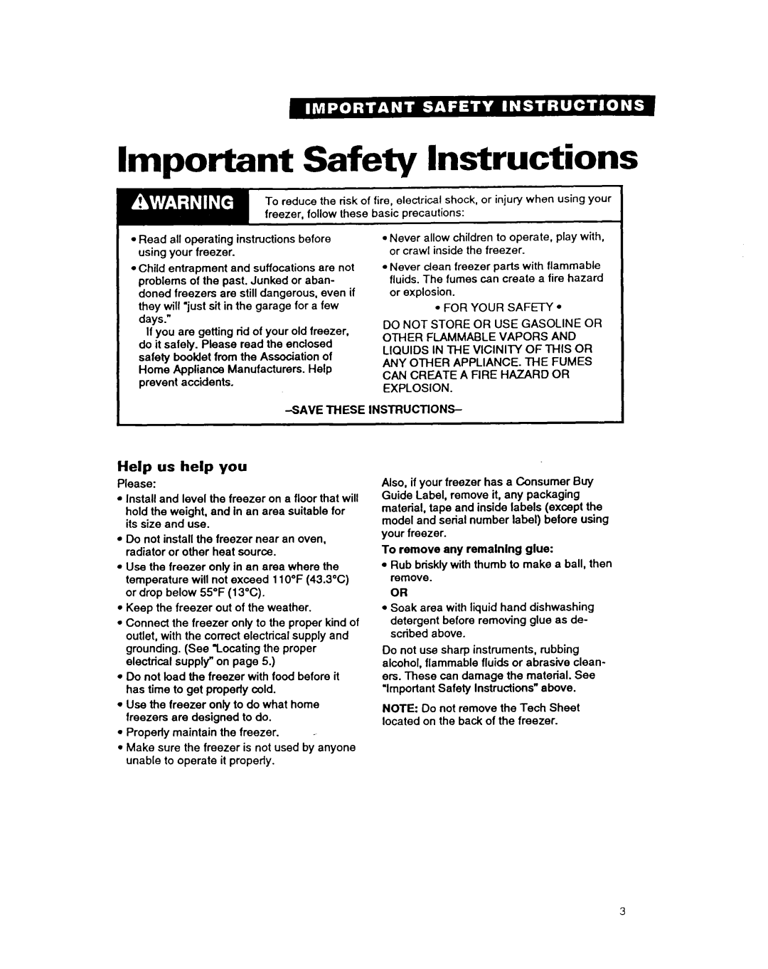Whirlpool COMPACT FREEZER warranty Important Safety Instructions, Help us help you 