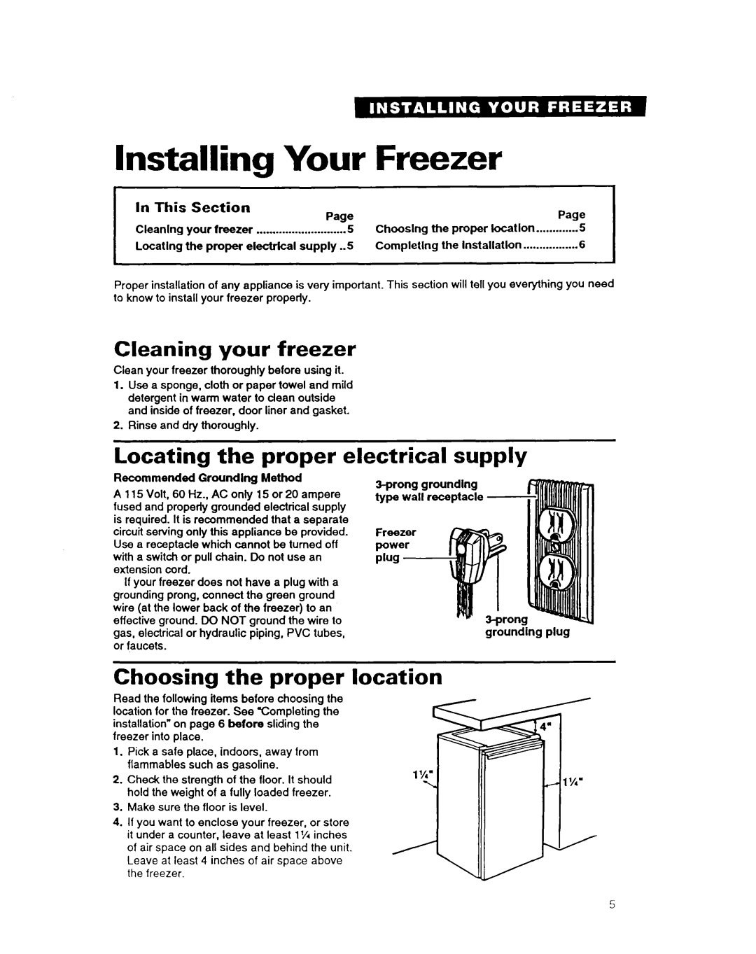 Whirlpool COMPACT FREEZER warranty Installing Your Freezer, Cleaning your freezer, Locating the proper electrical supply 