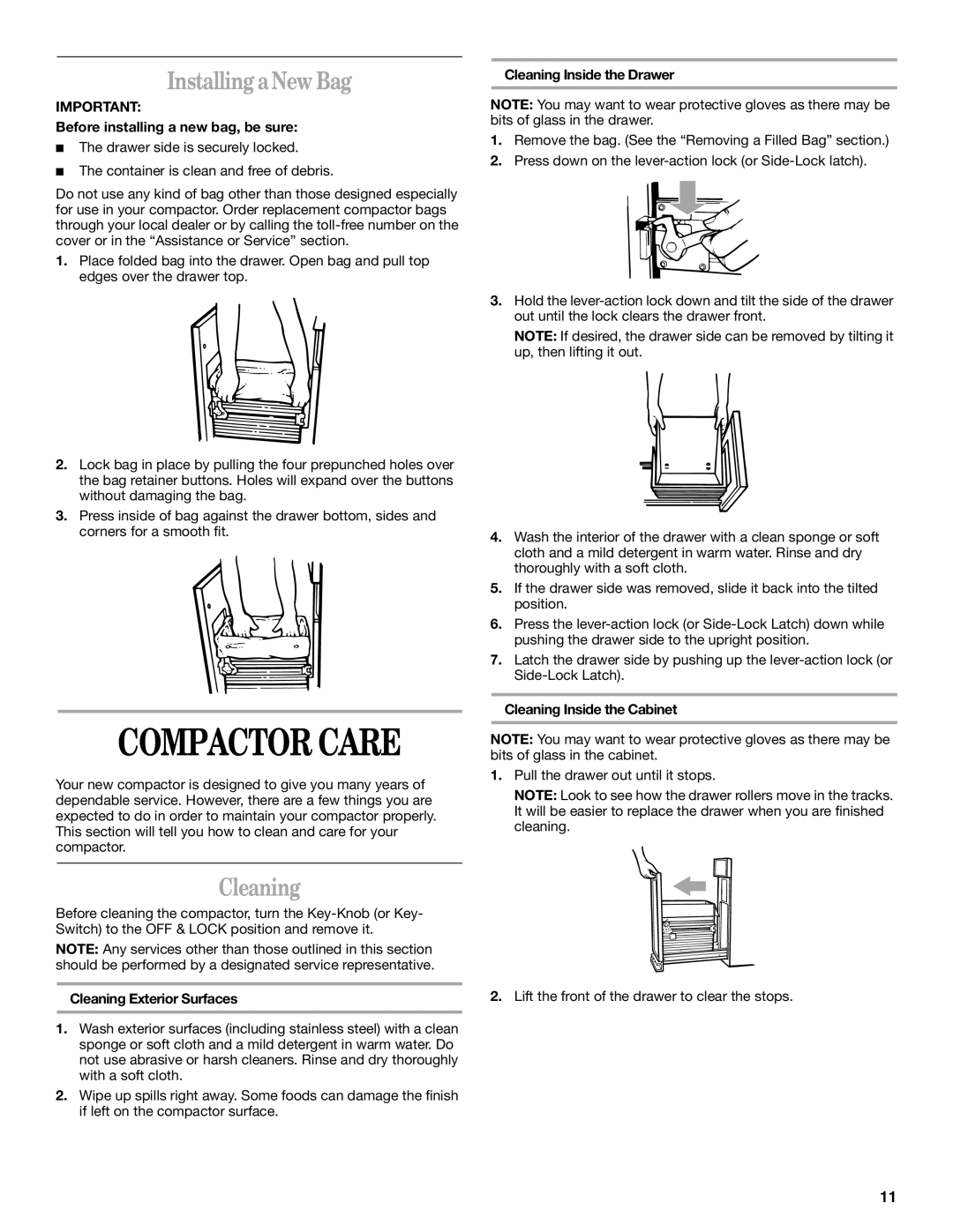 Whirlpool manual Compactor Care, Installing a New Bag, Cleaning 