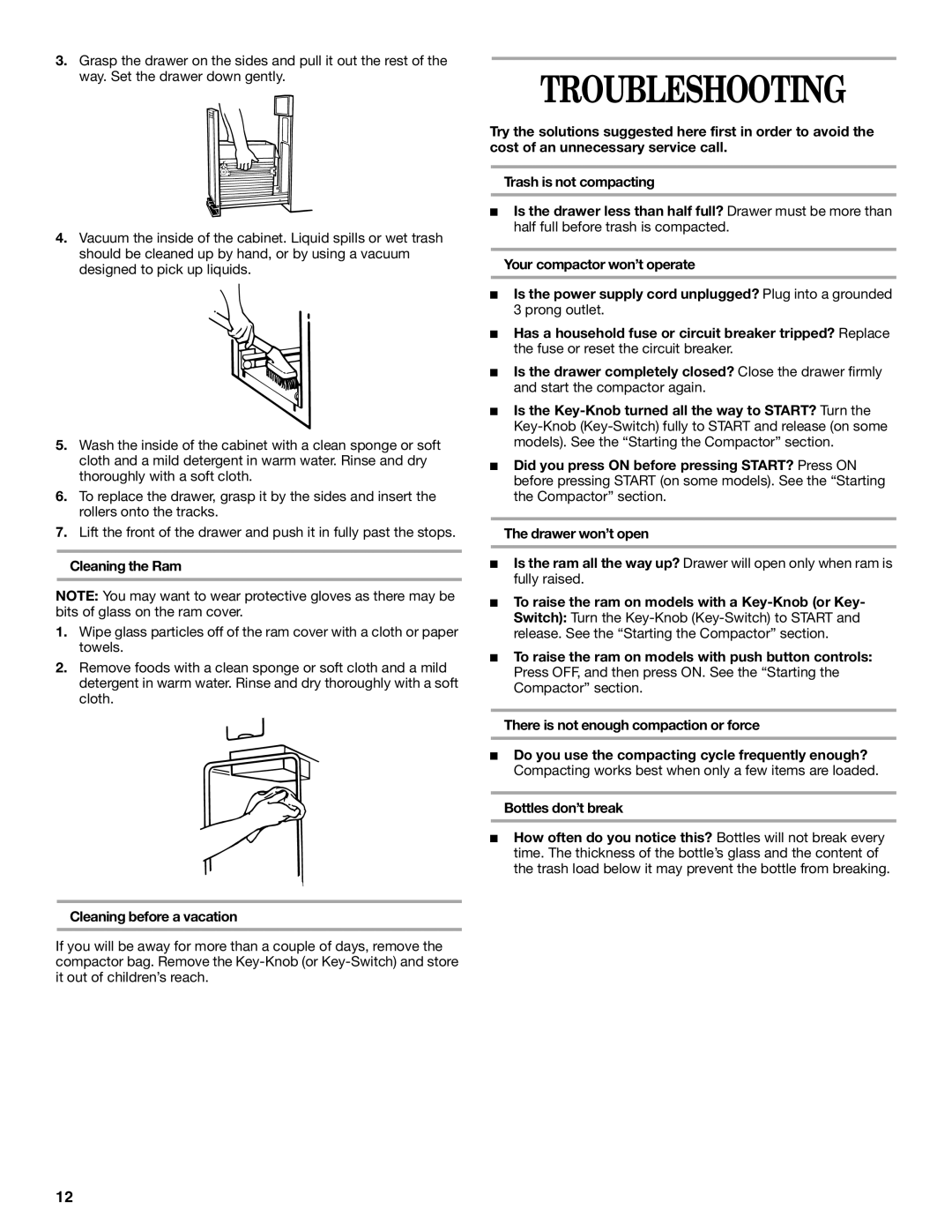 Whirlpool Compactor manual Troubleshooting, Cleaning the Ram, Cleaning before a vacation 