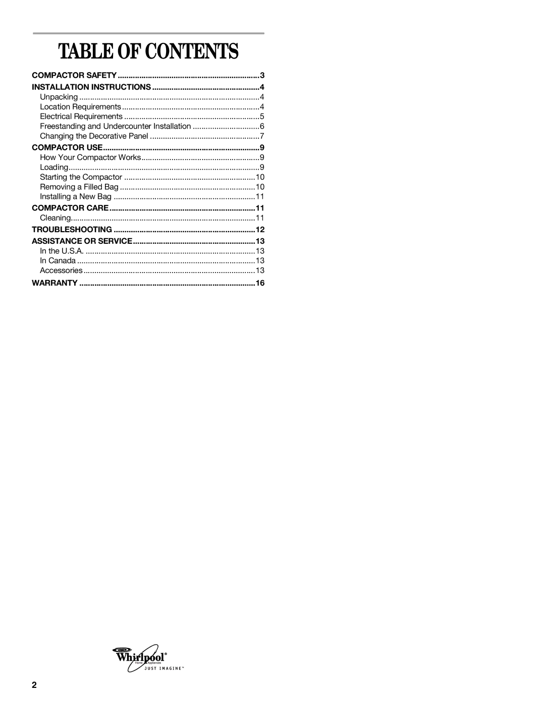 Whirlpool Compactor manual Table of Contents 