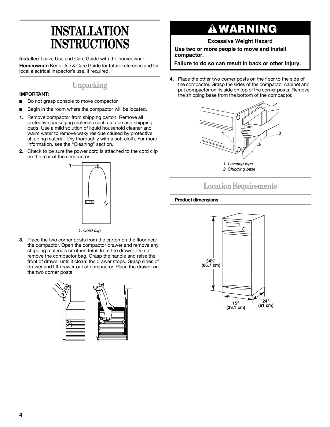 Whirlpool Compactor manual Installation Instructions, Unpacking, Location Requirements, Product dimensions 