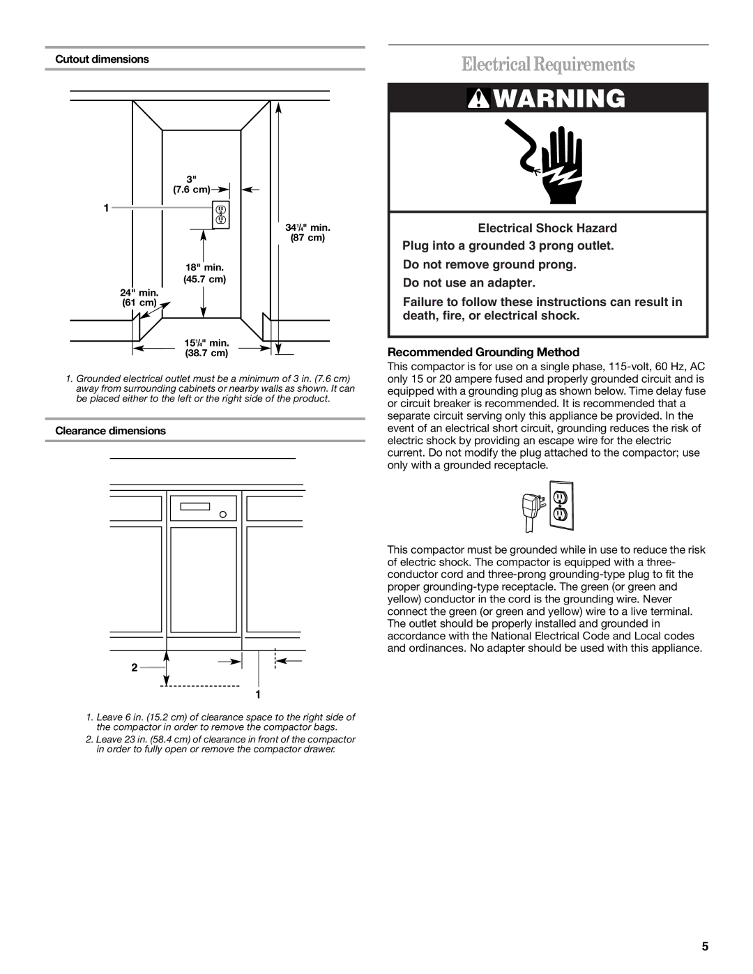 Whirlpool Compactor manual Electrical Requirements, Cutout dimensions, Clearance dimensions 