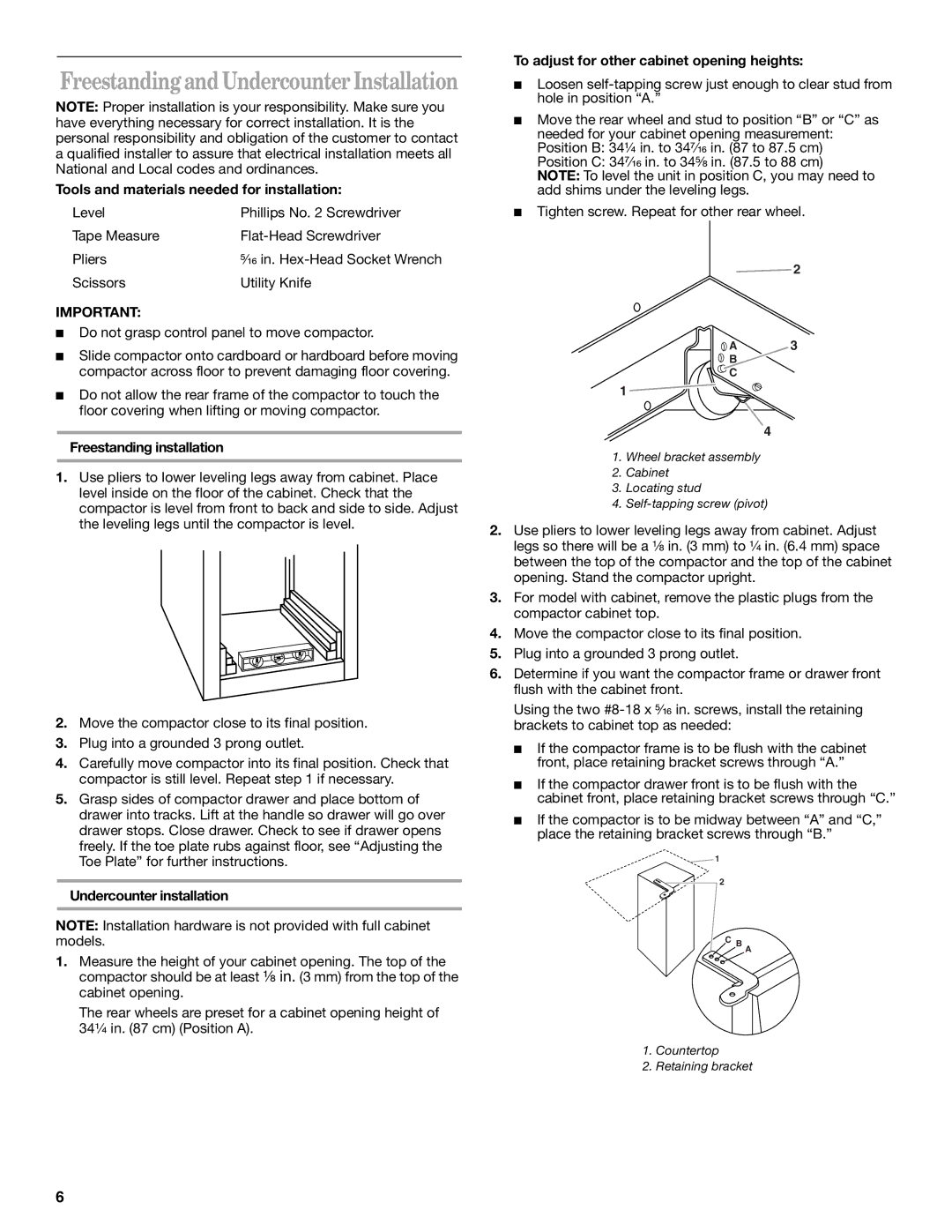 Whirlpool Compactor Tools and materials needed for installation, Freestanding installation, Undercounter installation 